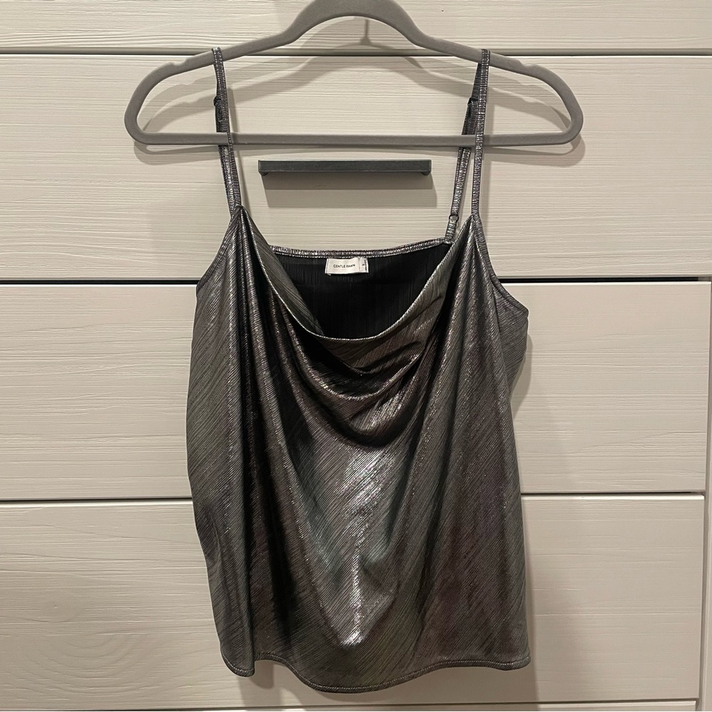 Gentle Fawn Silver Black Metallic Drape Neck Tank Blouse Size Medium